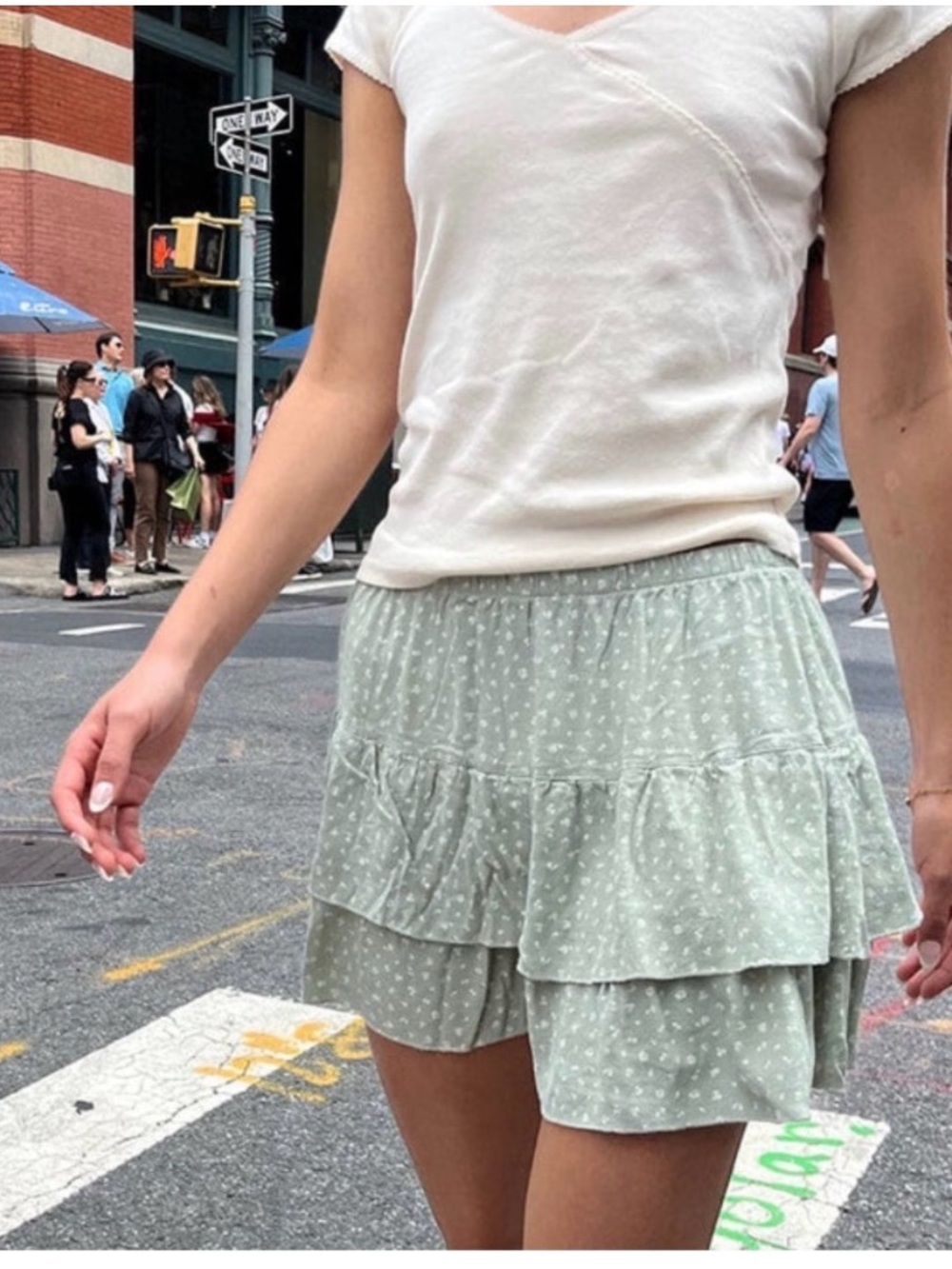 Brandy Melville Light Sage Green Floral Elastic Waist Skirt